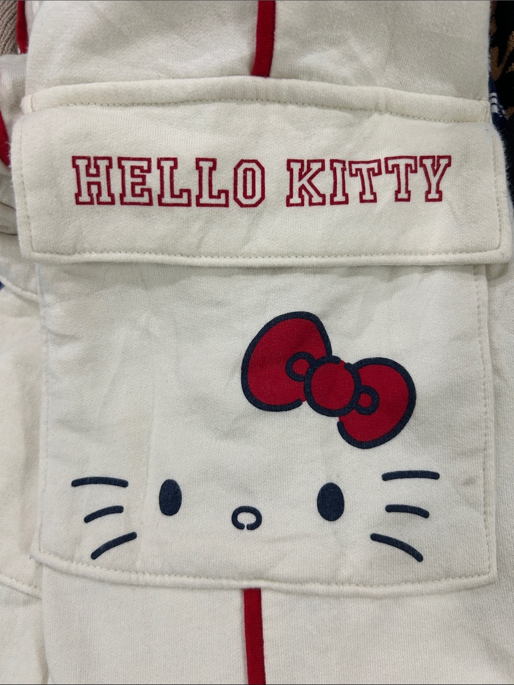 Hello Kitty Light Cream Joggers Red Trim Hello Kitty Face on Leg Pocket Kids Med